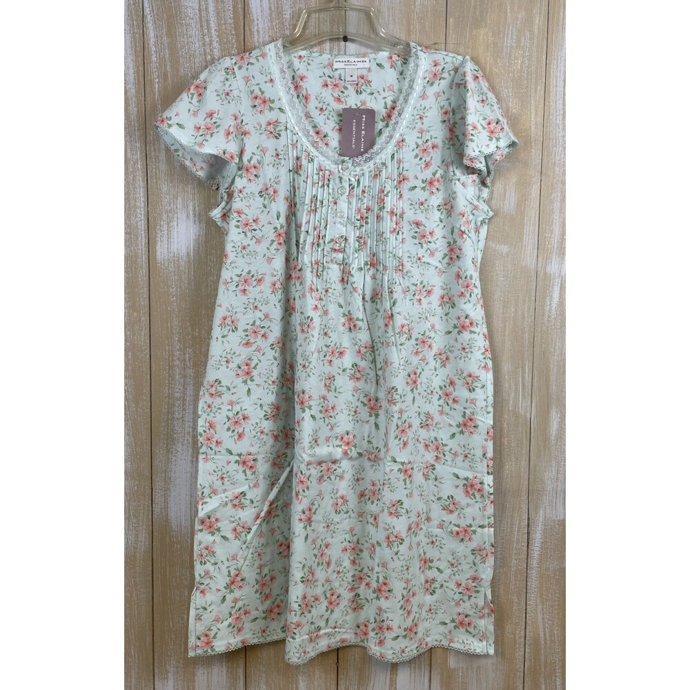 Miss Elaine Essentials Short Sleeve Nightgown Peach Floral Lace Size Medium *NWT